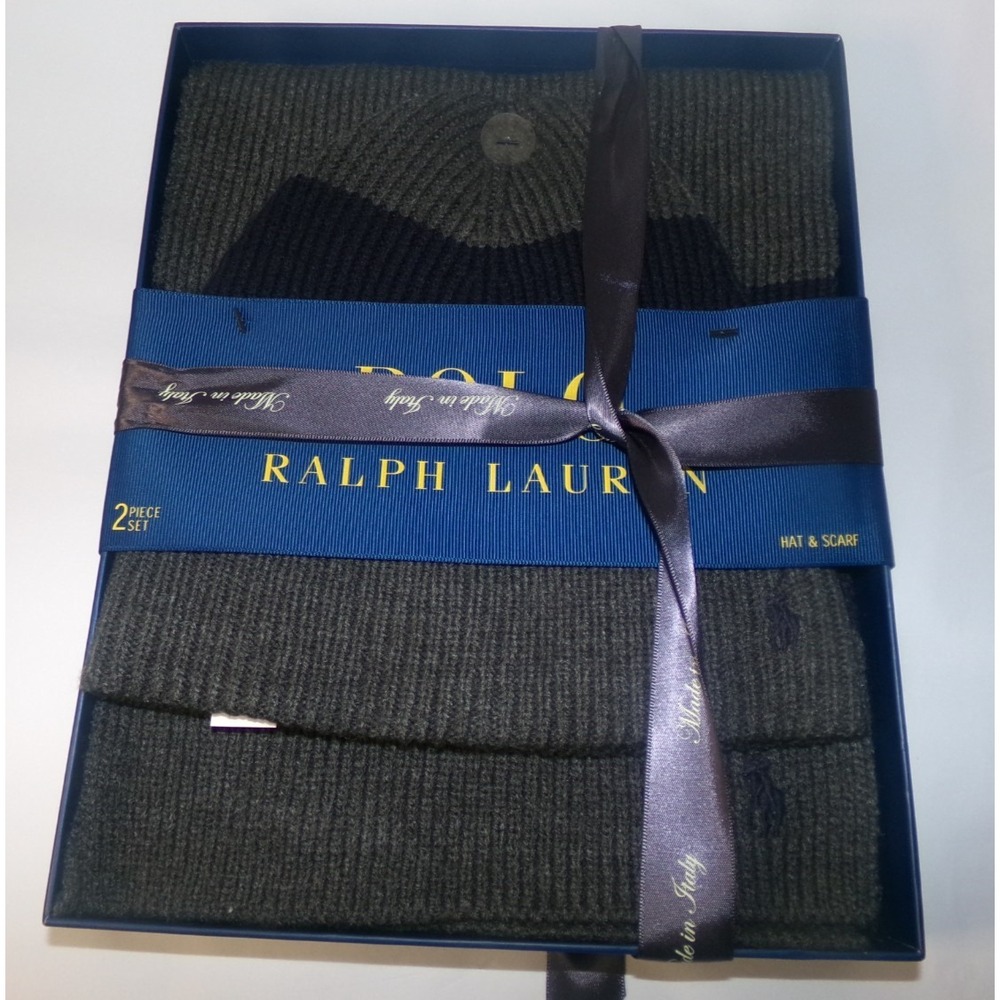 NIB MENS POLO RALPH LAUREN ACRYLIC 2 PC. CAP & SCARF SET~GRAY & NAVY~OS